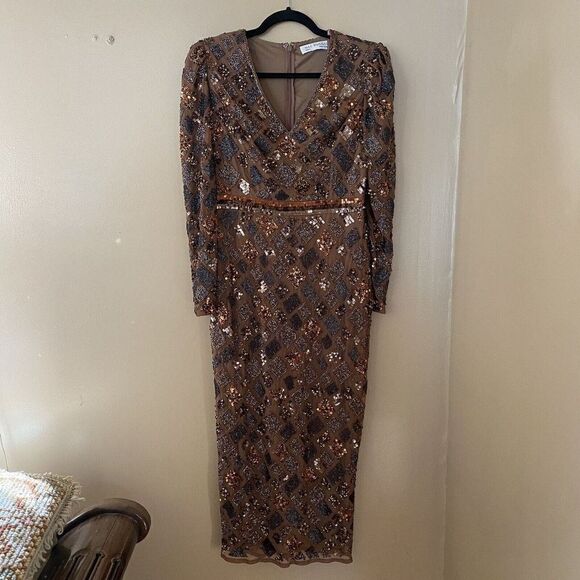 Mac Duggal Sz 4 Brown Chocolate Beaded Geometric Sheath Cocktail Evening Dress - Picture 11 of 12